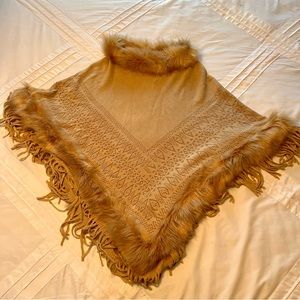 Ellie & Kate Cream Fur Lined Fringe Poncho/Cape